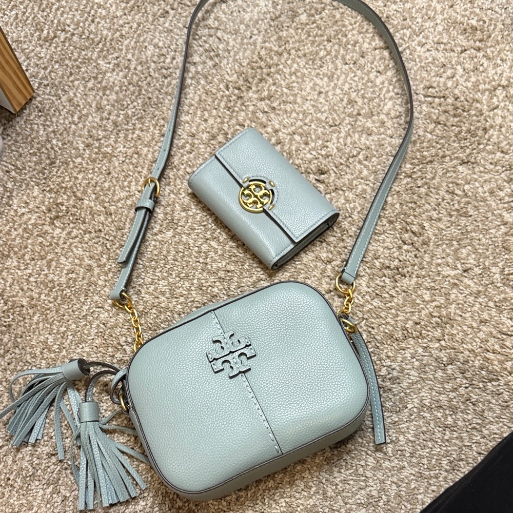 Tory Burch Pale Blue Leather Crossbody with Matching Wallet